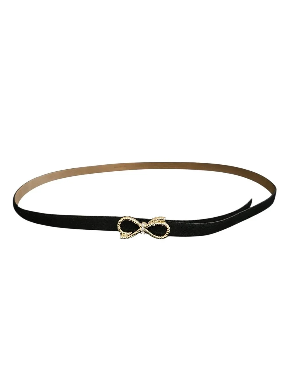 Talbots Women'  Black Suede Leather Skinny Belt with Gold Bow Buckle Size 1X